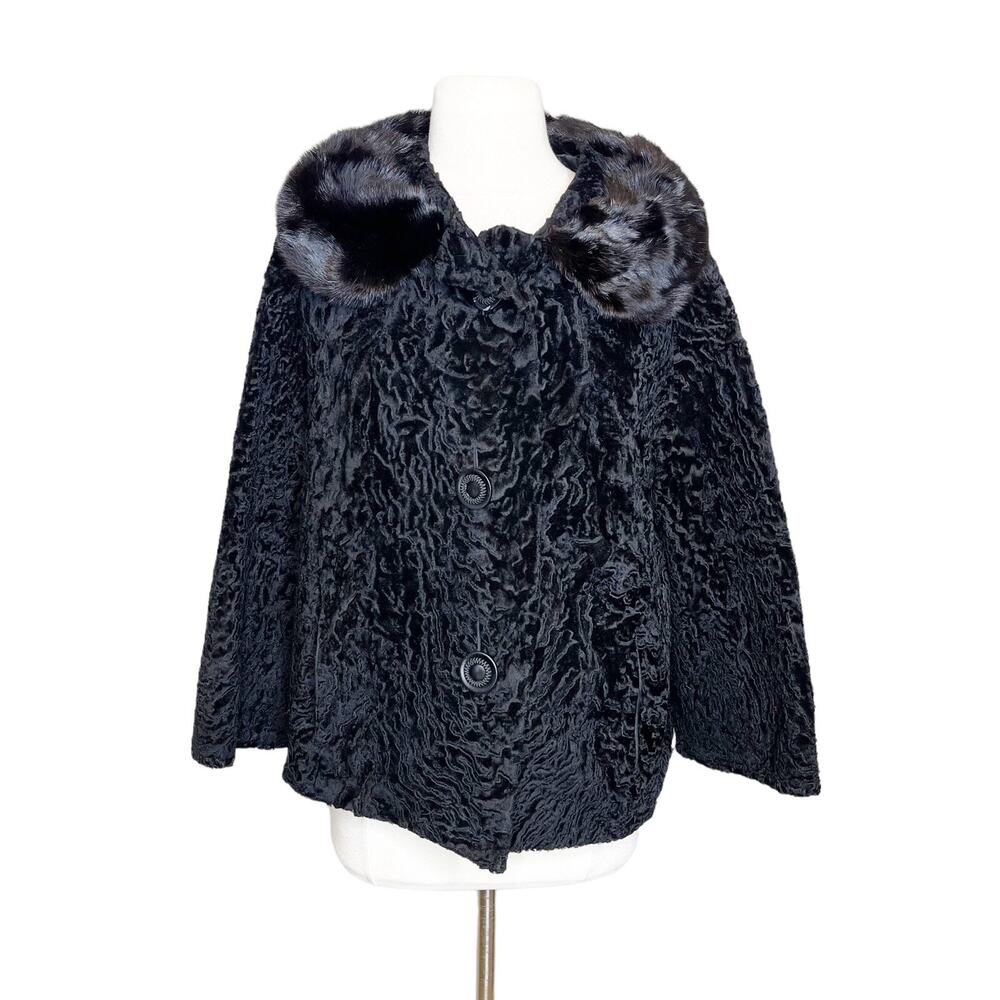 Vintage 60s Size S/M Swing Coat Black Textured Mink‎ Collar Mod Glam Luxurious